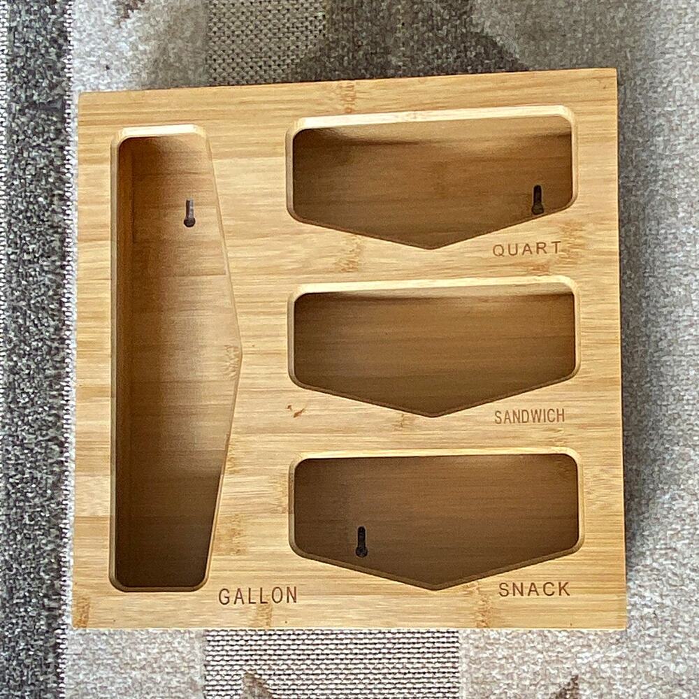 Bamboo Wall Mounted Plastic Bag Organizer, 4 Compartments for 4 Bag Sizes